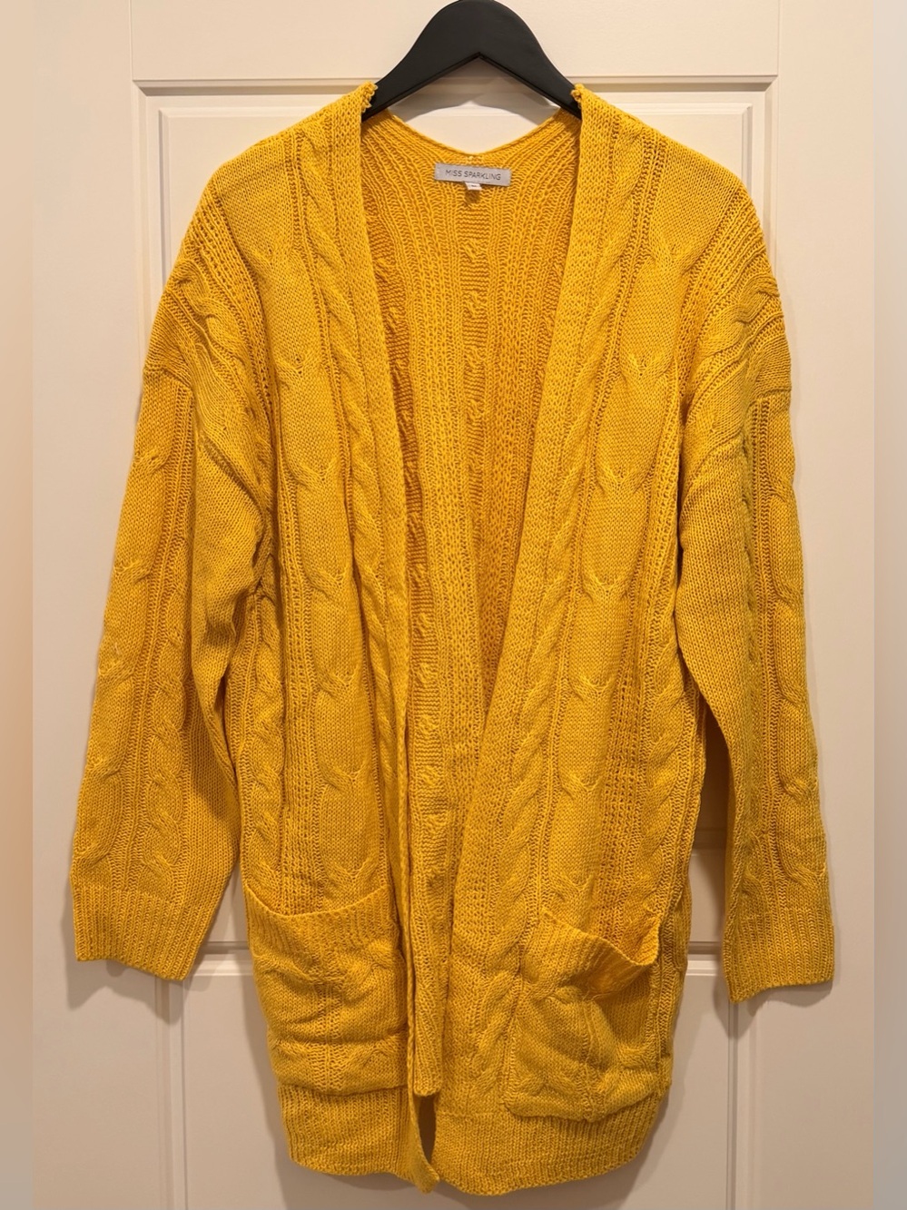 Miss Sparkle Mustard Cable-Knit Open Cardigan